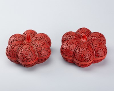 Lot 1665 - A PAIR OF CINNABAR LACQUER ‘GOURD’ BOXES AND COVERS