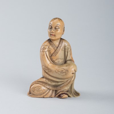 Lot 1691 - A SOAPSTONE FIGURE OF LUOHAN, QING DYNASTY