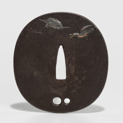 Lot 1491 - AN IRON TSUBA DEPICTING A CUCKOO AND MOON (TSUKI NI HOTOTOGISU)