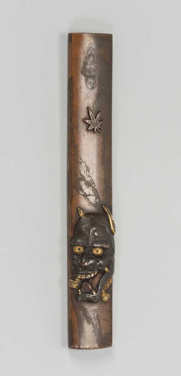 Lot 249 - MASAYUKI: A SUAKA (REFINED COPPER) AND SHIBUICHI KOZUKA WITH A HANNYA MASK AND MAPLE LEAF REFERRING TO MOMIJIGARI