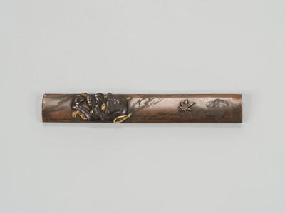 Lot 249 - MASAYUKI: A SUAKA (REFINED COPPER) AND SHIBUICHI KOZUKA WITH A HANNYA MASK AND MAPLE LEAF REFERRING TO MOMIJIGARI