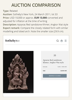 Lot 341 - A RED SANDSTONE ‘GUARDIAN DEITY’ ANTEFIX, BANTEAY SREI