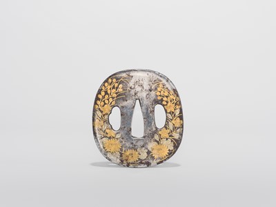 Lot 58 - A FINE SILVERED IRON TSUBA WITH AUTUMNAL FLOWERS
