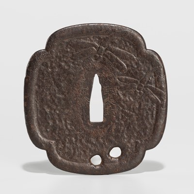 Lot 619 - JIROTARO NAOKATSU: AN IRON NOBUIE-STYLE TSUBA DEPICTING DRAGONFLIES