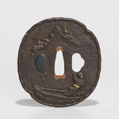 Lot 197 - KANEIE: AN EARLY IRON KANEIE SCHOOL TSUBA DEPICTING A VIEW OF OMI HAKKEI