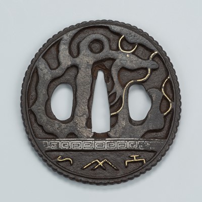 Lot 1492 - AN IRON TSUBA DEPICTING A STYLIZED GARDEN