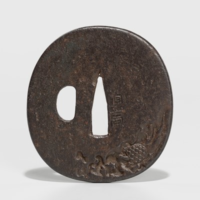 Lot 202 - SADAHIRO: AN EARLY IRON TSUBA DEPICTING A MINOGAME AND CRANE