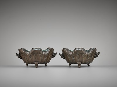Lot 3 - A PAIR OF BRONZE ‘LOTUS AND FROG’ WATER BASINS