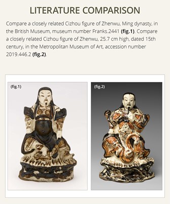 Lot 553 - A RARE CIZHOU PAINTED FIGURE OF ZHENWU, YUAN TO EARLY MING DYNASTY, 14TH-15TH CENTURY