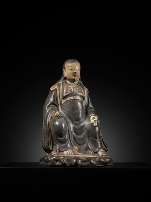 Lot 553 - A RARE CIZHOU PAINTED FIGURE OF ZHENWU, YUAN TO EARLY MING DYNASTY, 14TH-15TH CENTURY