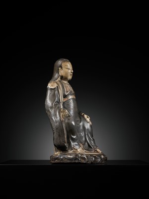 Lot 553 - A RARE CIZHOU PAINTED FIGURE OF ZHENWU, YUAN TO EARLY MING DYNASTY, 14TH-15TH CENTURY