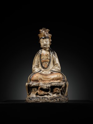 Lot 340 - A CIZHOU PAINTED FIGURE OF GUANYIN, JIN TO EARLY MING DYNASTY