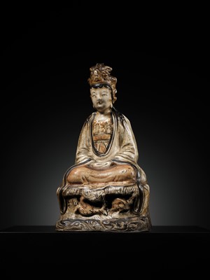 Lot 340 - A CIZHOU PAINTED FIGURE OF GUANYIN, JIN TO EARLY MING DYNASTY