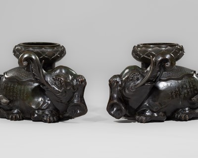 Lot 1 - A LARGE PAIR OF BRONZE ‘BUDDHIST ELEPHANT’ ALTAR VASES, DATED 1739