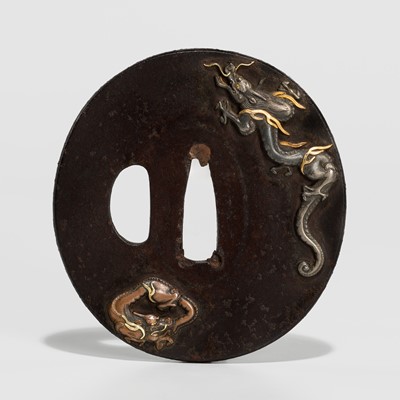 Lot 226 - IWAMOTO MUNEGAGA: A FINE IRON TSUBA DEPICTING TWO DRAGONS