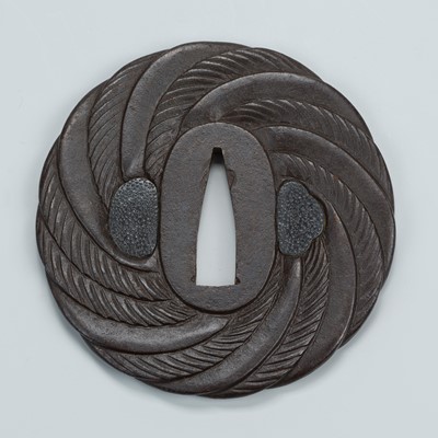 Lot 1546 - A RARE IRON TSUBA IN THE FORM OF BASKETWORK