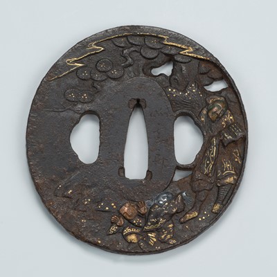 Lot 1541 - HIROTOSHI: AN IRON TSUBA WITH A TEACHER AND TWO STUDENTS PLAYING BENEATH A PINE TREE