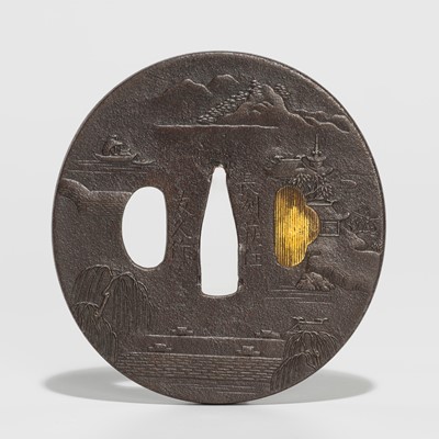 Lot 208 - KAWAJI TOMOHISA: AN IRON TSUBA DEPICTING A RIVER TOWN