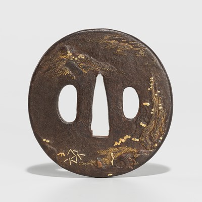 Lot 1553 - JAKUSHI: A JAKUSHI SCHOOL IRON TSUBA DEPICTING A LANDSCAPE SCENE