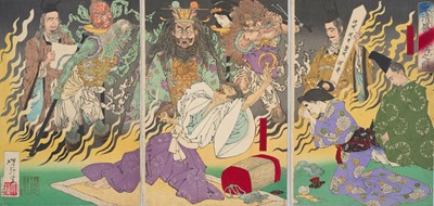 Lot 345 - TSUKIOKA YOSHITOSHI: TRIPTYCH OF THE FEVER OF TAIRA NO KIYOMORI