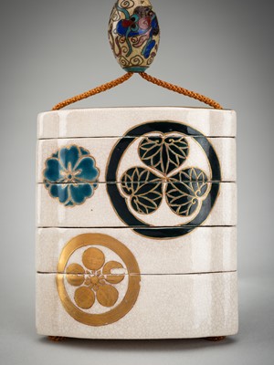 Lot 1146 - A LARGE SATSUMA CERAMIC FOUR-CASE INRO WITH CLOISONNÉ OJIME