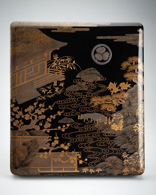 Lot 6 - A LACQUER SUZURIBAKO DEPICTING A RIVER LANDSCAPE