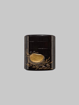 A FINE BLACK AND GOLD LACQUER FOUR-CASE INRO DEPICTING ISE-EBI AND AWABI