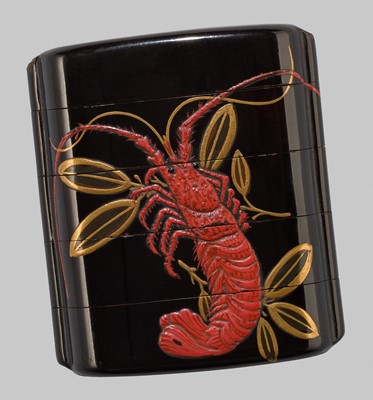 A FINE BLACK AND GOLD LACQUER FOUR-CASE INRO DEPICTING ISE-EBI AND AWABI