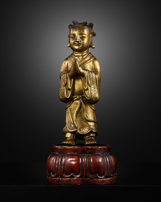 Lot 343 - A GILT-BRONZE FIGURE OF SHANCAI TONGZI (SUDHANA), MING DYNASTY