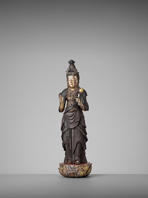 Lot 152 - A RARE GILT AND POLYCHROME LACQUERED FIGURE OF KANNON