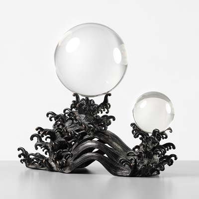 Lot 7 - TAKAMURA KOUN: AN IMPRESSIVE OKIMONO OF TWO ROCK CRYSTAL SPHERES ON A FINE BRONZE WAVE-FORM STAND