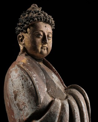 Lot 48 - A PAINTED AND GILT STUCCO TEMPLE FIGURE OF A BODHISATTVA, YUAN TO MING DYNASTY