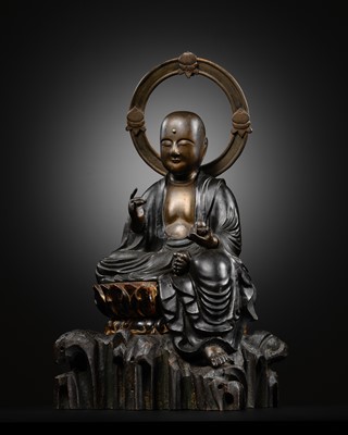 Lot 176 - FUJIWARA MASATSUGU: A GILT-BRONZE FIGURE OF ENMEI JIZO SEATED ON A LACQUERED WOOD THRONE, DATED 1786