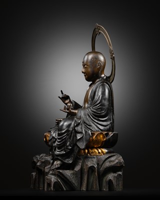Lot 176 - FUJIWARA MASATSUGU: A GILT-BRONZE FIGURE OF ENMEI JIZO SEATED ON A LACQUERED WOOD THRONE, DATED 1786