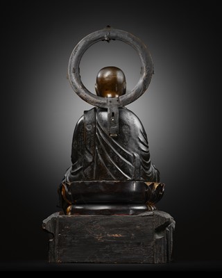 Lot 176 - FUJIWARA MASATSUGU: A GILT-BRONZE FIGURE OF ENMEI JIZO SEATED ON A LACQUERED WOOD THRONE, DATED 1786