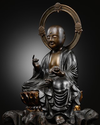 Lot 176 - FUJIWARA MASATSUGU: A GILT-BRONZE FIGURE OF ENMEI JIZO SEATED ON A LACQUERED WOOD THRONE, DATED 1786