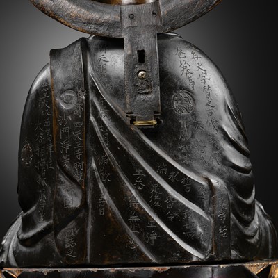 Lot 176 - FUJIWARA MASATSUGU: A GILT-BRONZE FIGURE OF ENMEI JIZO SEATED ON A LACQUERED WOOD THRONE, DATED 1786