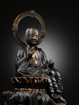 Lot 176 - FUJIWARA MASATSUGU: A GILT-BRONZE FIGURE OF ENMEI JIZO SEATED ON A LACQUERED WOOD THRONE, DATED 1786