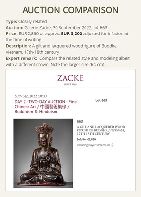 Lot 404 - A GILT-LACQUER WOOD FIGURE OF BUDDHA, VIETNAM, 17TH-18TH CENTURY