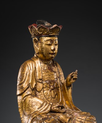 Lot 404 - A GILT-LACQUER WOOD FIGURE OF BUDDHA, VIETNAM, 17TH-18TH CENTURY