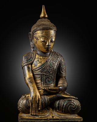 A LARGE INLAID GILT-LACQUER WOOD FIGURE OF BUDDHA SHAKYAMUNI, BURMA, 19TH CENTURY