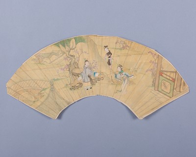 Lot 1639 - A FAN PAINTING WITH A SCENE FROM THE NOVEL DREAM OF THE RED CHAMBER, c. 1900s