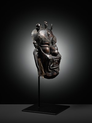 Lot 11 - A COPPER REPOUSSÉ RITUAL MASK OF MAHAKALA, 19TH CENTURY