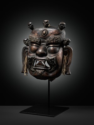 Lot 11 - A COPPER REPOUSSÉ RITUAL MASK OF MAHAKALA, 19TH CENTURY