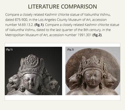 Lot 192 - AN IMPORTANT GRAY CHLORITE HEAD OF VAIKUNTHA VISHNU, KASHMIR, 8TH TO EARLY 9TH CENTURY