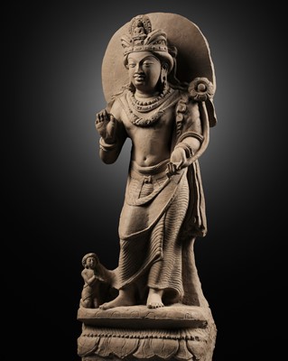 Lot 191 - AN EXCEPTIONAL SANDSTONE FIGURE OF PADMAPANI, SALT HILLS, PUNJAB, CIRCA 6TH-8TH CENTURY