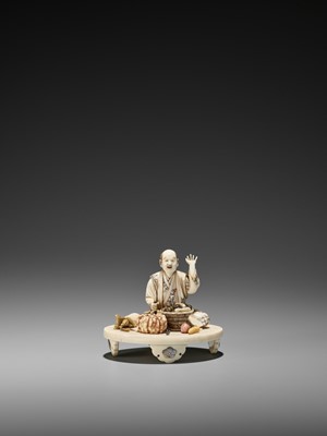 Lot 213 - SEIGYOKU: AN INLAID IVORY OKIMONO OF A PRODUCE MERCHANT SURPRISED BY A SNAKE