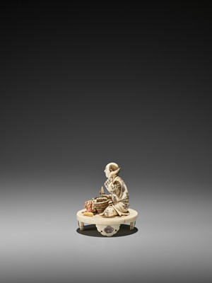 Lot 213 - SEIGYOKU: AN INLAID IVORY OKIMONO OF A PRODUCE MERCHANT SURPRISED BY A SNAKE