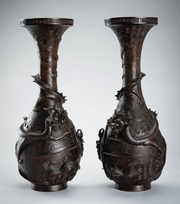 Lot 89 - A PAIR OF BRONZE VASES WITH DRAGONS AND MARINE LIFE