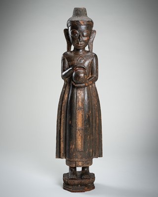 Lot 442 - A LARGE LACQUERED WOOD FIGURE OF BUDDHA, BURMA, 19th CENTURY